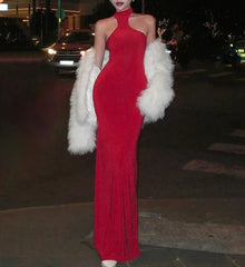 Solid High Neck Sleeveless Red Long Evening Party Dress