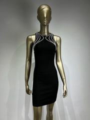 Diamonds O-Neck Solid Black Mini Dress