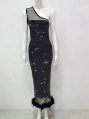 One Shoulder Feather Cystal Black Midi Dress