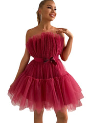 Women Solid Strapless Bow Mini Dress