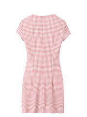 Pink Short Sleeves Plaid Bow Lace up Mini Dress