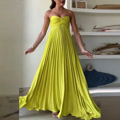 Pleated Off Shoulder Solid Swing Long Dress