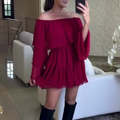 Off Shoulder Chiffon Flared Sleeve Loose Dress