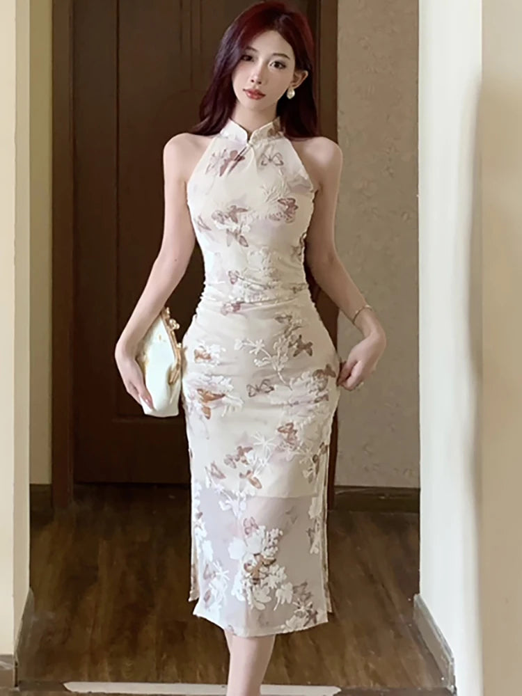 A woman wearing an elegant floral maxi dress with a flattering fit and a chic Korean-inspired style.