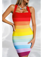 Halter Open Back Rainbow Spaghetti Strap Colorful Mini Dress