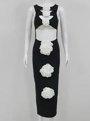 Solid Cut Out Flower Black Midi Dress