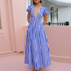 Puff Short Sleeve Striped Long Dress