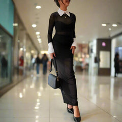 Lapel Contrasting Full Sleeves Long Dress