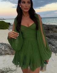 Lantern Sleeve V Neck Green Mesh Short Dress For Women