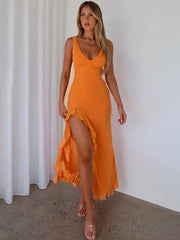 Ruffles Deep V Neck Open Back Thigh High Split Maxi Dress