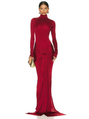 Women's High Neck Long Sleeve Folded Tight Maxi Dress