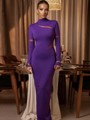 Purple Mesh Hollow Out Patchwork Long Dress