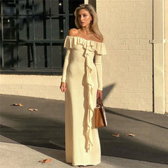 Ruffled Off Shoulder Long Sleeve Elegant Dress