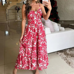 Floral Print Spaghetti Strap Sleeveless Pleated Bohemian Midi Dress