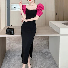 Women Contrast Puff Short Sleeve Square Neck Midi Dress