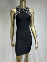 Diamonds O-Neck Solid Black Mini Dress