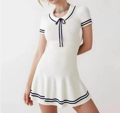 Tie Bow Lapel Short Sleeve Pleated White Dress