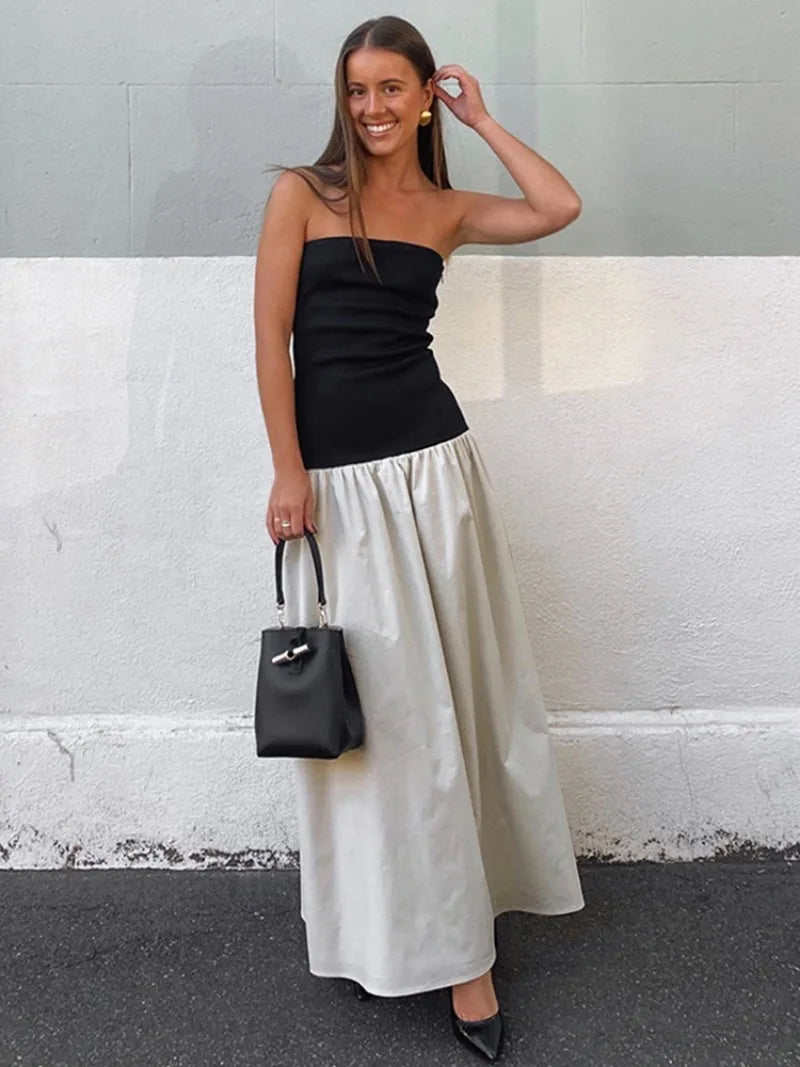 Black Gray Contrast Color Sleeveless Tube Dress