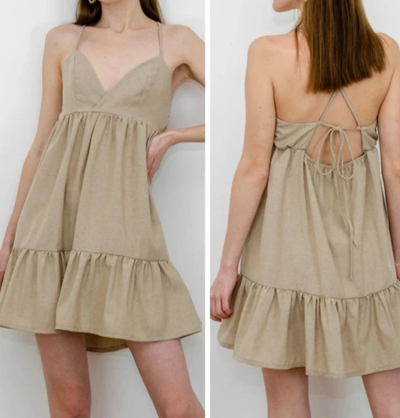 Spaghetti Strap Khaki Linen Mini Dress For Women