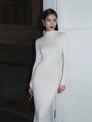 Solid Knitted Half High Collar Full Sleeve Long Dress