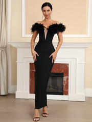 Women's Black V-neck Feather Strapless Maxi Dress