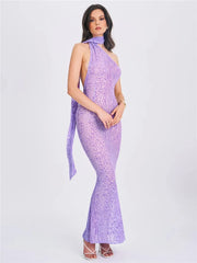 Purple Leopard Print Halter Draped Long Dress