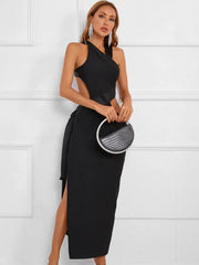 Open Back Halter V Neck Black Midi Dress