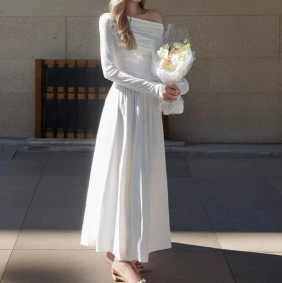 White Slash Shoulder Full Sleeve Maxi Dress 