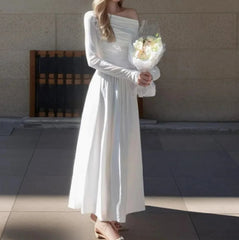 White Slash Shoulder Full Sleeve Maxi Dress 