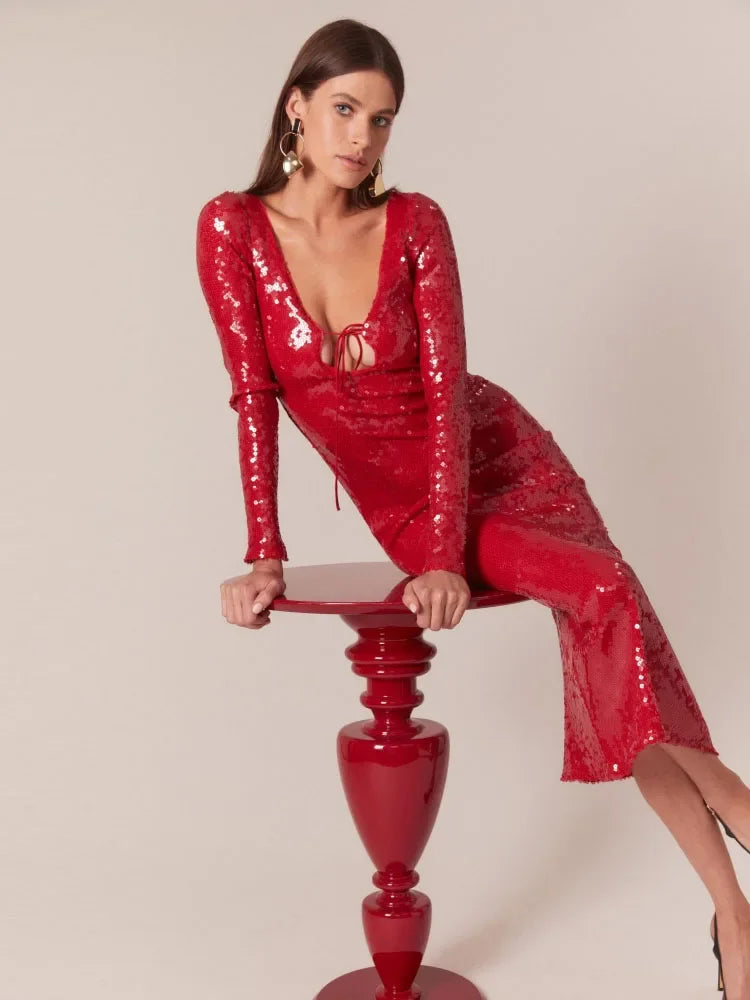 Red Lace-up Long Sleeves Sequin Midi Dress