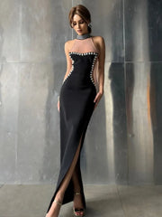 Studded Diamonds Beading Split Black Maxi Dress