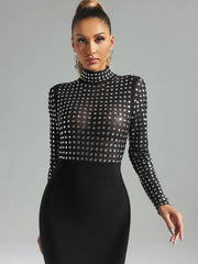 Turtleneck Rhinestone Black Midi Bodycon Dress