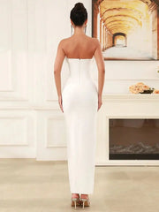 Women's Strapless Feather Solid Maxi Evening Dress