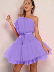 Women Solid Strapless Bow Mini Dress