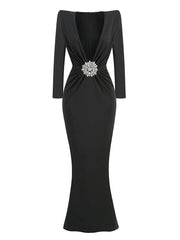 Deep V Neck Rhinestone Diamonds Black Long Dress