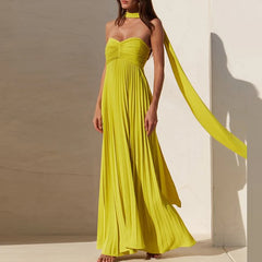 Pleated Off Shoulder Solid Swing Long Dress