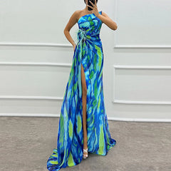 Blue Printed Chiffon High Split One Shoulder Floor Length Dress