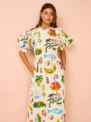 Printed Short Sleeve Empire Waist Loose Midi Drsses