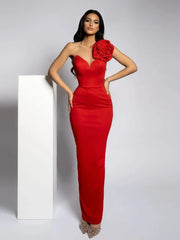 One Shoulder Diamonds 3D Flower Red Long Dress