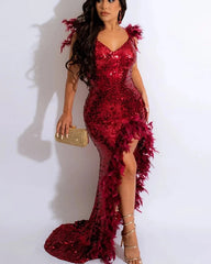 Open Back Side High Split Sequins Feathers Mermaid Dress