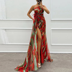 Red Printed Chiffon High Split One Shoulder Maxi Dress