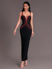 Black Red Gem Tight V-neck Sleeveless Long Dress