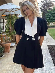 Puff Sleeves Open Back Bow Suit Acetate Lapel Dress