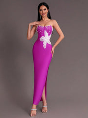 Women's Purple Beaded Strapless Side Split Long Dress