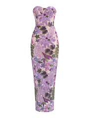 Strapless Purple Embroidery Flower Long Dress