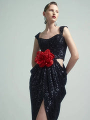 Black 3D Flower Shiny Sequins Long Dress