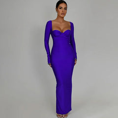 Long Flare Sleeve Square Collar Bodycon Maxi Dress