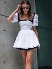 Contrast Patchwork Short Sleeve Ruffled Women Dress