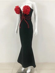 Strapless Open Back Diamonds Black Maxi Dress