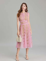 Pink Mesh Lace Embroidery Midi dress